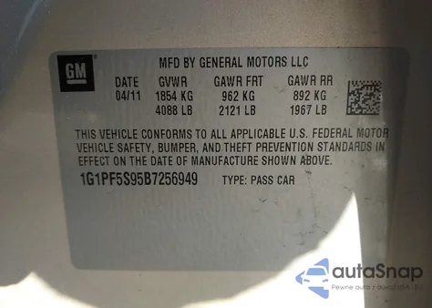 2011 Chevrolet Cruze 1Lt из США, поврежденный, VIN 1G1PF5S95B7256949